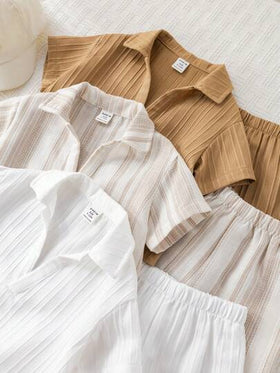 SHEIN 6 قطع/مجموعة ملابس صيفية كاجوال للأطفال الصبية، قميص بولو مخطط قصير الأكمام وشورت بخصر مطاطي، مناسبة لحفلات عيد الميلاد والحفلات المسائية والأعراس وحفلات استقبال المواليد وعيد الميلاد الأول