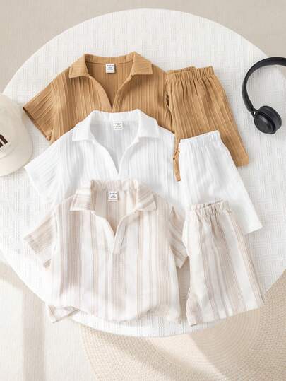 SHEIN 6 قطع/مجموعة ملابس صيفية كاجوال للأطفال الصبية، قميص بولو مخطط قصير الأكمام وشورت بخصر مطاطي، مناسبة لحفلات عيد الميلاد والحفلات المسائية والأعراس وحفلات استقبال المواليد وعيد الميلاد الأول