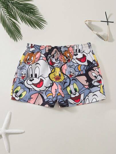 TOM & JERRY X SHEIN شورت كاجوال للرجال بخصر مرن ورسوم كرتونية، جيوب مائلة، فضفاض مناسب للشاطئ، صيفي