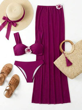 Swim Oasis مجموعة 3 قطع: ملابس علوية بكيني بزهرة لوتس ثلاثية الأبعاد باللون الأحمر التوت، وغطاء وتنورة