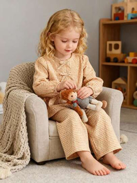Vintaside Kids طقم قميص وبنطلون بأكمام طويلة مع فيونكة للبنات الصغيرات بنمط المربعات