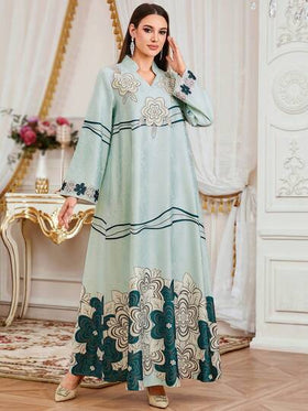 رمضان فستان طويل الأكمام بياقة على شكل حرف V مزين بالراين ستون والخرز ذو طبعة جاكارد، مناسب لعيد الفطر وعيد الأضحى والحفلات والارتداء اليومي، عباية عصرية