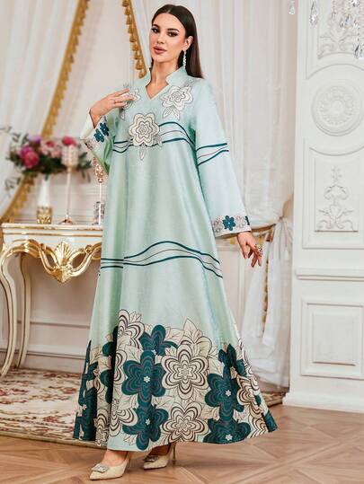 رمضان فستان طويل الأكمام بياقة على شكل حرف V مزين بالراين ستون والخرز ذو طبعة جاكارد، مناسب لعيد الفطر وعيد الأضحى والحفلات والارتداء اليومي، عباية عصرية