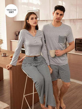 CoupledUp بيجامة رجالية كاجوال مكونة من قميص أكمام قصيرة مخطط وشورت