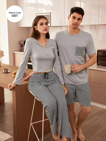 CoupledUp بيجامة رجالية كاجوال مكونة من قميص أكمام قصيرة مخطط وشورت