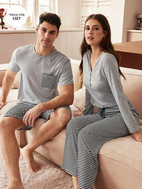 CoupledUp بيجامة رجالية كاجوال مكونة من قميص أكمام قصيرة مخطط وشورت
