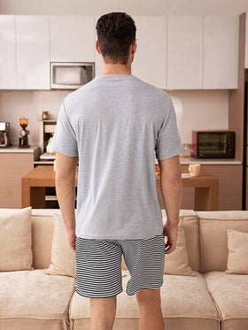 CoupledUp بيجامة رجالية كاجوال مكونة من قميص أكمام قصيرة مخطط وشورت