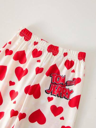 TOM & JERRY X SHEIN مجموعة بيجامة تتكون من ملابس علوية كم طويل طباعة قلب وبنطلون للفتيات الصغيرات، طقم كاجوال جميل 2 قطعة