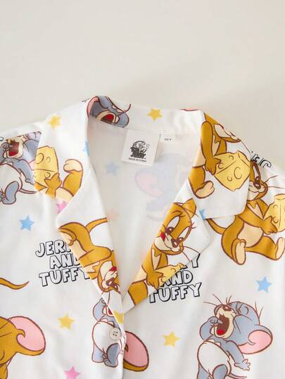 TOM & JERRY X SHEIN طقم بيجامة مكون من ملابس علوية كم قصير أمامية بأزرار وشورت مع طباعة رسوم كرتونية للفتيات المراهقات