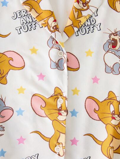 TOM & JERRY X SHEIN طقم بيجامة مكون من ملابس علوية كم قصير أمامية بأزرار وشورت مع طباعة رسوم كرتونية للفتيات المراهقات