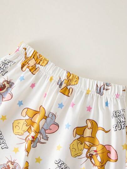 TOM & JERRY X SHEIN طقم بيجامة مكون من ملابس علوية كم قصير أمامية بأزرار وشورت مع طباعة رسوم كرتونية للفتيات المراهقات