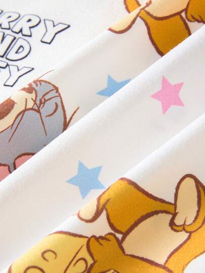 TOM & JERRY X SHEIN طقم بيجامة مكون من ملابس علوية كم قصير أمامية بأزرار وشورت مع طباعة رسوم كرتونية للفتيات المراهقات