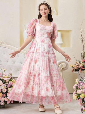 SHEIN فستان أنيق بأكمام منتفخة من الشيفون بطبعة زهرية للمراهقات