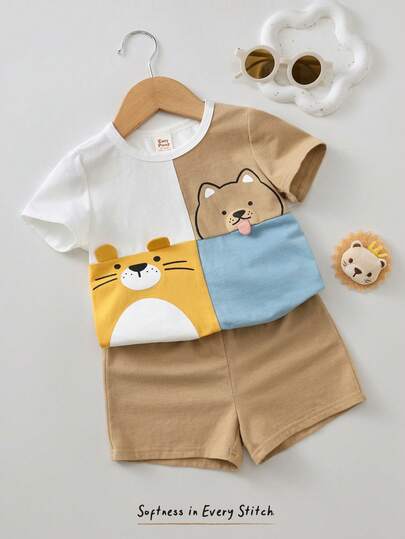 Cozy Pixies مجموعة ملابس علوية بأكمام قصيرة وبنطال بخصر مطاطي للأطفال الصبيان، بنقشة حيوانات كرتونية ولون متباين، قطعتان
