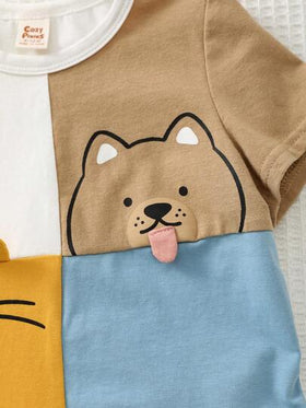 Cozy Pixies مجموعة ملابس علوية بأكمام قصيرة وبنطال بخصر مطاطي للأطفال الصبيان، بنقشة حيوانات كرتونية ولون متباين، قطعتان