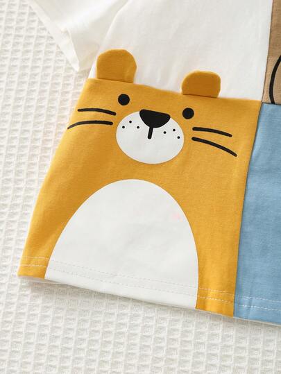 Cozy Pixies مجموعة ملابس علوية بأكمام قصيرة وبنطال بخصر مطاطي للأطفال الصبيان، بنقشة حيوانات كرتونية ولون متباين، قطعتان