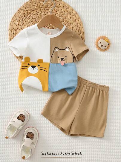 Cozy Pixies مجموعة ملابس علوية بأكمام قصيرة وبنطال بخصر مطاطي للأطفال الصبيان، بنقشة حيوانات كرتونية ولون متباين، قطعتان