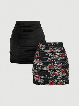 SHEIN MOD تنورة متوسطة الطول مطوية ذات لون أحادي وطباعة زهرية أنيقة لأسلوب العطلات للنساء، قطعتان