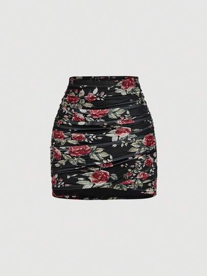 SHEIN MOD تنورة متوسطة الطول مطوية ذات لون أحادي وطباعة زهرية أنيقة لأسلوب العطلات للنساء، قطعتان