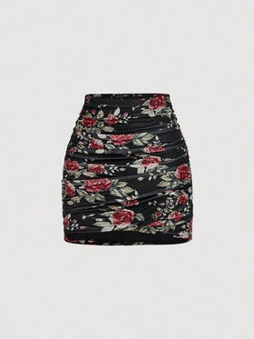 SHEIN MOD تنورة متوسطة الطول مطوية ذات لون أحادي وطباعة زهرية أنيقة لأسلوب العطلات للنساء، قطعتان