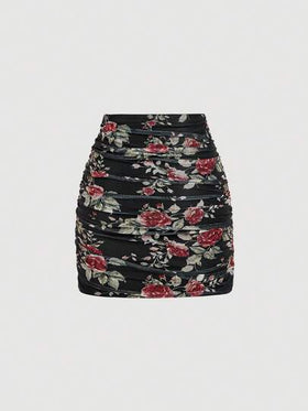 SHEIN MOD تنورة متوسطة الطول مطوية ذات لون أحادي وطباعة زهرية أنيقة لأسلوب العطلات للنساء، قطعتان
