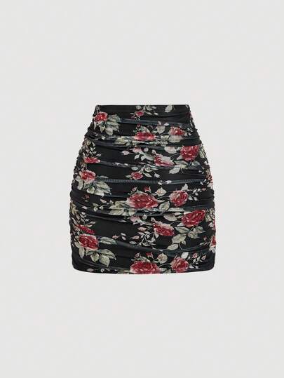 SHEIN MOD تنورة متوسطة الطول مطوية ذات لون أحادي وطباعة زهرية أنيقة لأسلوب العطلات للنساء، قطعتان
