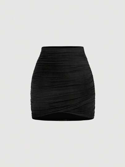 SHEIN MOD تنورة متوسطة الطول مطوية ذات لون أحادي وطباعة زهرية أنيقة لأسلوب العطلات للنساء، قطعتان