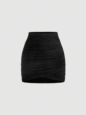 SHEIN MOD تنورة متوسطة الطول مطوية ذات لون أحادي وطباعة زهرية أنيقة لأسلوب العطلات للنساء، قطعتان
