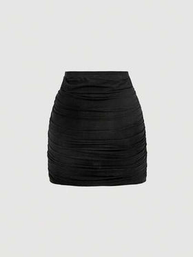 SHEIN MOD تنورة متوسطة الطول مطوية ذات لون أحادي وطباعة زهرية أنيقة لأسلوب العطلات للنساء، قطعتان