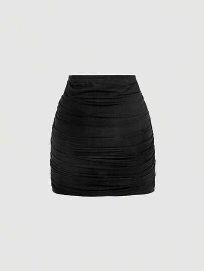 SHEIN MOD تنورة متوسطة الطول مطوية ذات لون أحادي وطباعة زهرية أنيقة لأسلوب العطلات للنساء، قطعتان