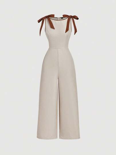 SHEIN MOD جمبسوت خضراء كاكي بدون أكمام وياقة مستديرة، مزينة بشريط تباين وفيونكة، تصميم مخصر وتنورة مُنفرجة - طراز محكمة عتيق، إحساس المال القديم، مناسبة للعمل والعودة إلى المدرسة والمواعدة والحفلات والمهرجانات وأعياد الميلاد