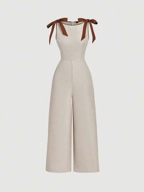 SHEIN MOD جمبسوت خضراء كاكي بدون أكمام وياقة مستديرة، مزينة بشريط تباين وفيونكة، تصميم مخصر وتنورة مُنفرجة - طراز محكمة عتيق، إحساس المال القديم، مناسبة للعمل والعودة إلى المدرسة والمواعدة والحفلات والمهرجانات وأعياد الميلاد