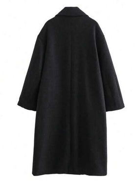 معطف طويل الأكمام بجيب من الصوف الممتد للمرأة ذات الحجم الكبير، بلون أحادي أنيق، معطف صوفي مزدوج الصدر، ملابس نسائية لعيد الميلاد، بلوزات نسائية أنيقة باللون الأسود