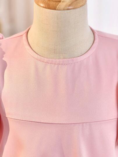 SHEIN فستان كاجوال للفتاة الصغيرة من خليط الصوف المنسوج بياقة مستديرة وأكمام جيجوت مع قطع شبكية