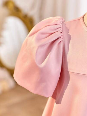 SHEIN فستان كاجوال للفتاة الصغيرة من خليط الصوف المنسوج بياقة مستديرة وأكمام جيجوت مع قطع شبكية