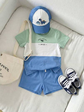 SHEIN Playful Pals مجموعة قميص وشورت للأطفال الرضع والصغار من 0-3 سنوات، قطعتان، بتصميم ألوان متباينة وطباعة حرف وديناصور، رقبة دائرية وأكمام قصيرة، وشورت بخصر مطاطي، مناسب للاستخدام اليومي العادي للأطفال، ملابس أطفال صيفية، ملابس أولاد رضع