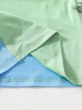 SHEIN Playful Pals مجموعة قميص وشورت للأطفال الرضع والصغار من 0-3 سنوات، قطعتان، بتصميم ألوان متباينة وطباعة حرف وديناصور، رقبة دائرية وأكمام قصيرة، وشورت بخصر مطاطي، مناسب للاستخدام اليومي العادي للأطفال، ملابس أطفال صيفية، ملابس أولاد رضع
