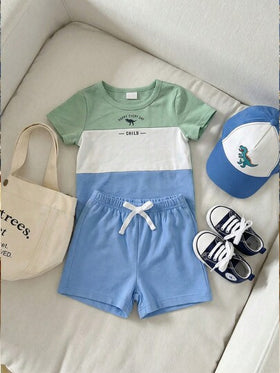 SHEIN Playful Pals مجموعة قميص وشورت للأطفال الرضع والصغار من 0-3 سنوات، قطعتان، بتصميم ألوان متباينة وطباعة حرف وديناصور، رقبة دائرية وأكمام قصيرة، وشورت بخصر مطاطي، مناسب للاستخدام اليومي العادي للأطفال، ملابس أطفال صيفية، ملابس أولاد رضع