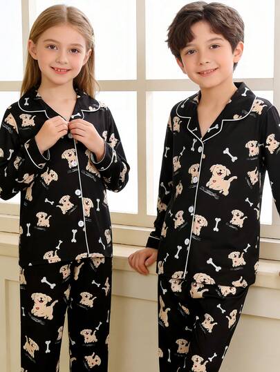 مجموعة بيجامة للفتيات المراهقات قطعتان، بنمط كرتوني لطيف للكلاب، ملابس علوية كارديجان بأكمام طويلة وبنطال طويل، من قماش محبوك مقاوم للاشتعال، يمكن ارتداؤها كملابس خارجية، مناسبة لجميع الفصول، للأولاد والبنات