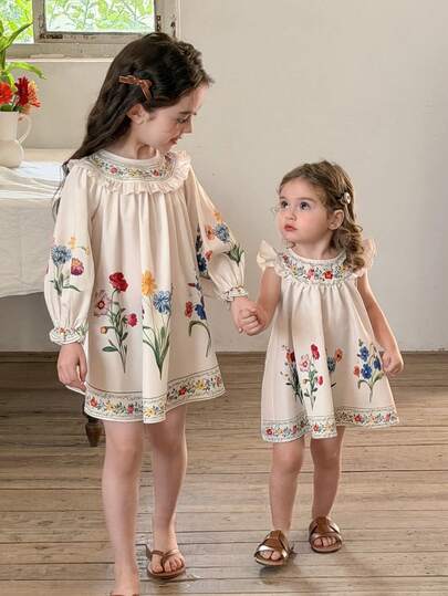 LMoss Kids فستان كاجوال للفتاة الصغيرة بطبعة زهور صغيرة وكشكشة على الذيل