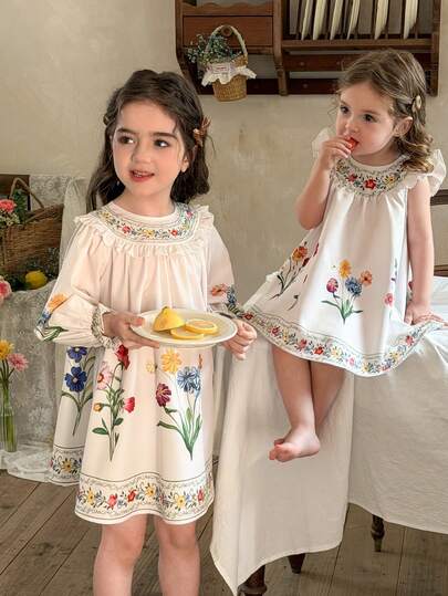 LMoss Kids فستان كاجوال للفتاة الصغيرة بطبعة زهور صغيرة وكشكشة على الذيل