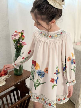 LMoss Kids فستان كاجوال للفتاة الصغيرة بطبعة زهور صغيرة وكشكشة على الذيل