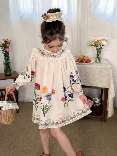 LMoss Kids فستان كاجوال للفتاة الصغيرة بطبعة زهور صغيرة وكشكشة على الذيل