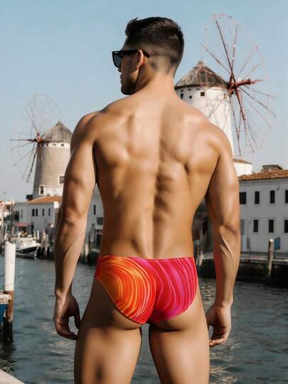 Manfinity Swimmode شورت سباحة مثلث مطبوع بطباعة التعتيق للرجال، ملابس شاطئ/منتجع، ملابس سباحة جذابة للرجال، ملابس سباحة للرجال، ملابس شاطئ للرجال