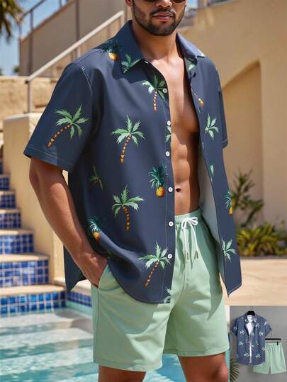 Manfinity Swimmode قميص أكمام قصيرة مطبوع بأشجار النخيل والأناناس وشورت بخصر مرن للرجال بمقاسات كبيرة، طقم للعطلات الصيفية والشاطئ