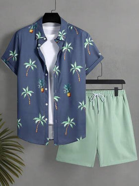 Manfinity Swimmode قميص أكمام قصيرة مطبوع بأشجار النخيل والأناناس وشورت بخصر مرن للرجال بمقاسات كبيرة، طقم للعطلات الصيفية والشاطئ