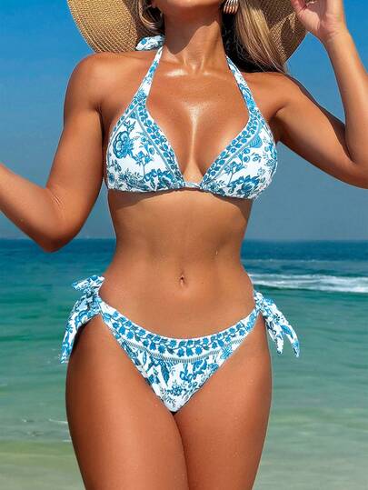 Swim Vcay بيكيني بطبعة زهور بوهيمية مع ربطة عنق على شكل حرف V للنساء