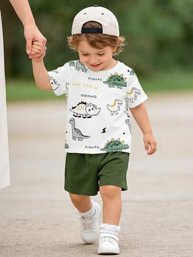 SHEIN Playful Pals مجموعة قميص وشورت مطبوع بطبعة ديناصور لطيفة للأطفال الرضع والأولاد من 0-3 سنوات، قطعتان، ملائم للربيع/الصيف، كاجوال، خارجي، أساسي، رياضي، عصري وبسيط