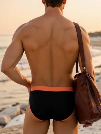 Manfinity Swimmode شورت سباحة مثلث مع خطوط ملونة للرجال للصيف والعطلات الشاطئية