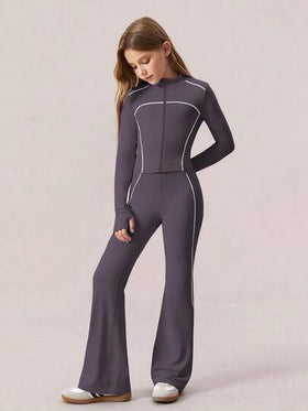 SHEIN بنطلون رياضي ضيق وسترة رياضية بتصميم خطوط متباينة لفتيات المراهقات، طقم كاجوال بطراز مدرسي للحفلات، مجموعة باللون البنفسجي الفاتح